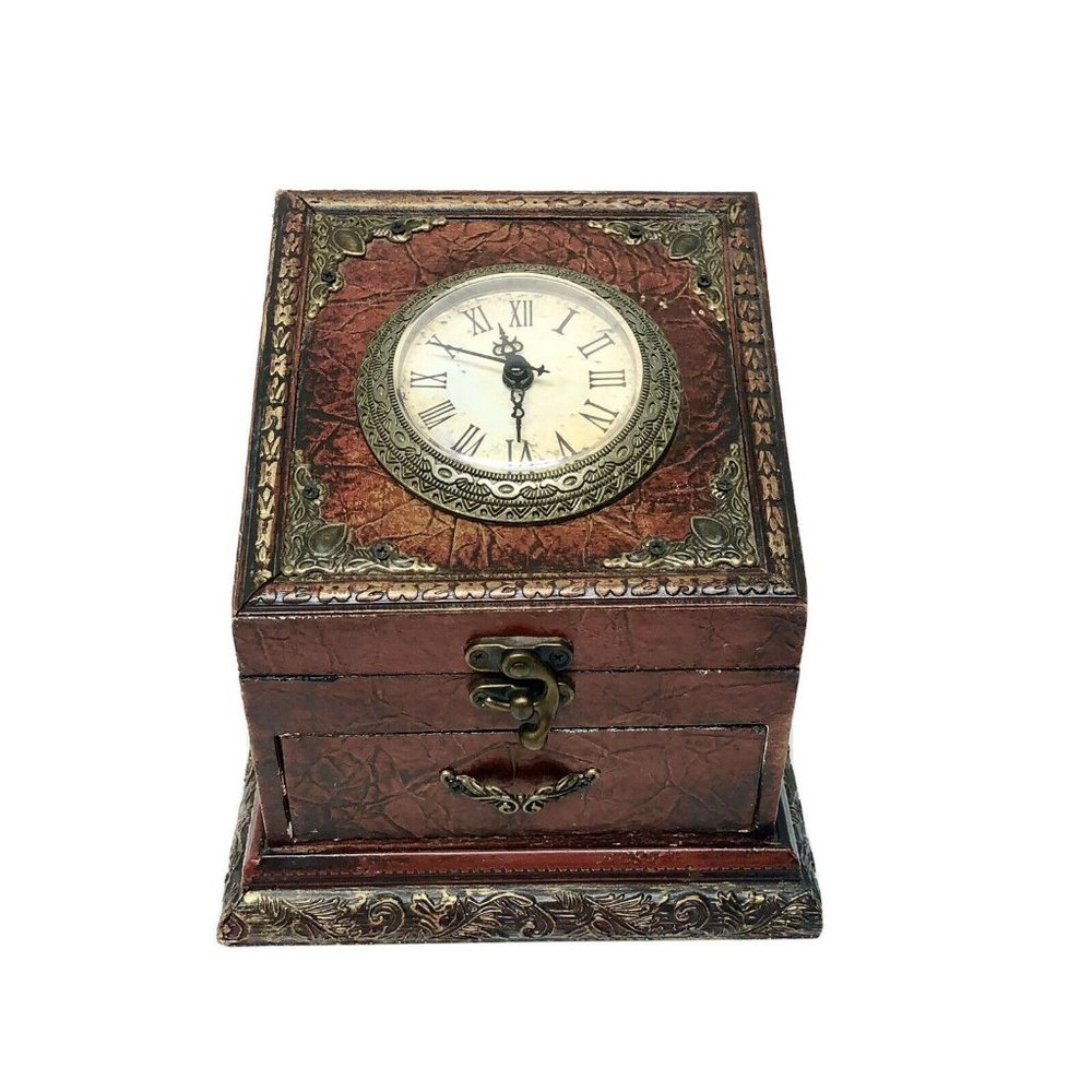 Vintage Vanity Clock Jewelry Drawer Trinket Box